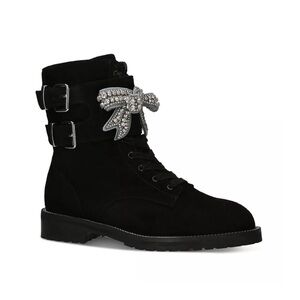 NWOT Kurt Geiger Sutton Bow Rhinestone Suede Combat Boot Black New